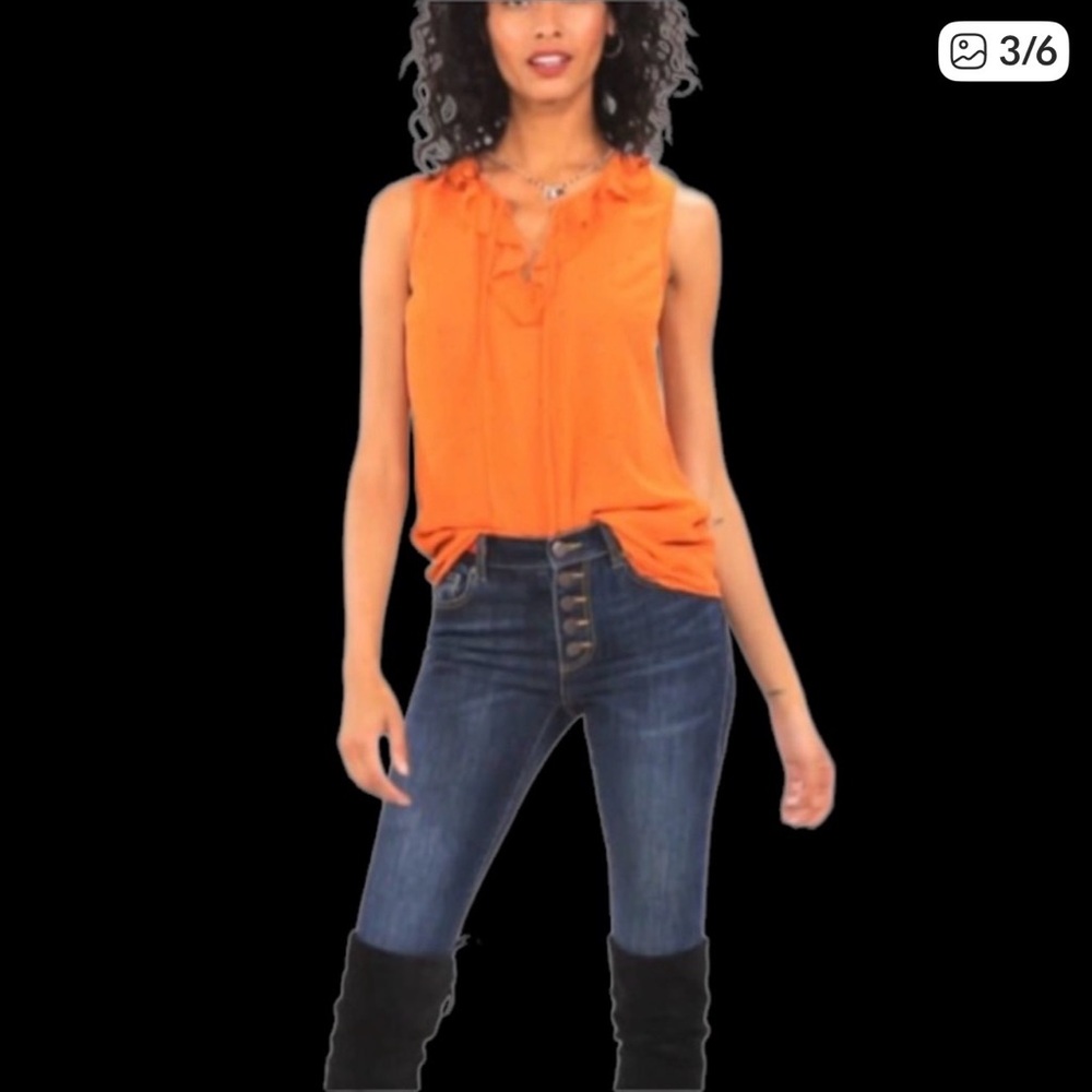 CAbi Orange Sleeveless Ruffle Tie-Neck Blouse